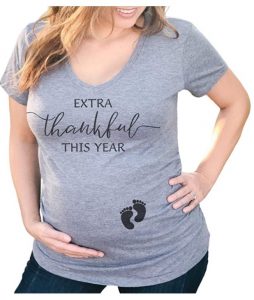 Extra Thankful This Year Baby Feet Maternity Women's Tri-Blend Pregnancy Announcement V Neck Shirt